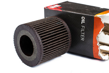 Old and dirty oil filter isolated on white background.Copy space