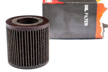 Old and dirty oil filter isolated on white background.Copy space