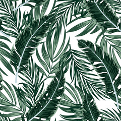 Abstract seamless tropical pattern with bright plants and leaves on a light background. Beautiful seamless vector floral pattern. Modern abstract design for fabric, paper, interior decor.