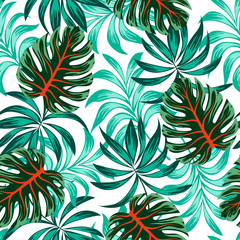 Fototapeta na wymiar Abstract seamless tropical pattern with bright plants and leaves on a white background. Exotic tropics. Summer. Vector design. Jungle print. Floral background. Exotic wallpaper.