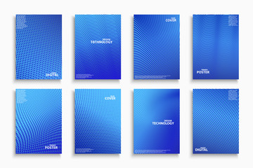 Collection of blue digital contemporary covers, templates, posters, placards, brochures, banners, flyers and etc. Abstract halftone backgrounds - technology minimalistic design