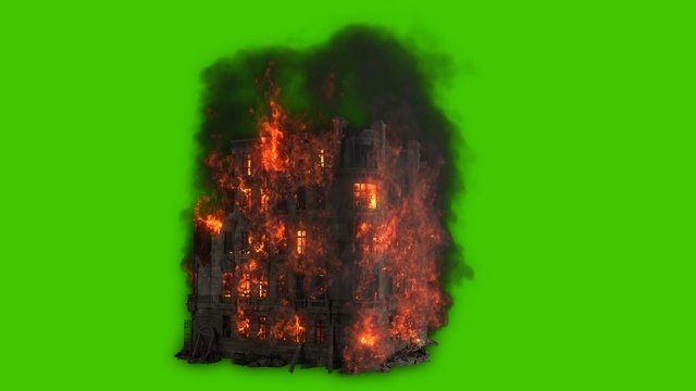 Burning building. All the floors of the old house are on fire. Looping VFX animation in front of green screen.