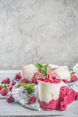 Sweet and tasty diet summer dessert. Homemade raspberry yogurt popsicle with fresh raspberries and mint. Healthy ice cream recipe. Wooden white background copy space