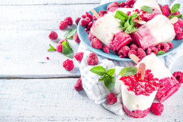 Obraz na płótnie Canvas Sweet and tasty diet summer dessert. Homemade raspberry yogurt popsicle with fresh raspberries and mint. Healthy ice cream recipe. Wooden white background copy space