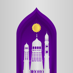 Vector Ramadan Kareem card. Vintage paper banner with mosque, moon, stars, sun and cloud for holy Ramadan wishing. Arabic decor in Eastern style. Islamic muslim background illustration