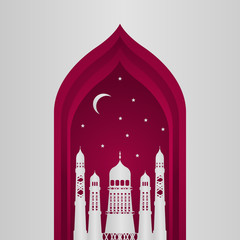 Vector Ramadan Kareem card. Vintage paper banner with mosque, moon, stars, sun and cloud for holy Ramadan wishing. Arabic decor in Eastern style. Islamic muslim background illustration