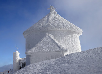 KARPACZ, POLAND - MARCH 08, 2020: St. Lawrence's Chapel in the Winter. A Roman Catholic chapel...