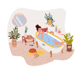 Happy cute woman girl lying in bathtub and reading book. Flat  vector illustration. Female cartoon character taking bath and relaxing. Relaxation, spa, meditation, relax, recreation, healthy lifestyle