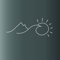 Lifeless landscape with mountains over sunset. Minimalism icon.