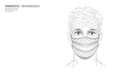 Male face mask. Infection pneumonia prevention healthcare. 3D low poly boy human blue glowing banner. Wear surgical medical mask against virus epidemic vector illustration