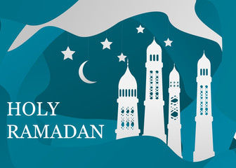 Fototapeta premium Vector Ramadan Kareem card. Vintage paper banner with mosque, moon, stars, sun and cloud for holy Ramadan wishing. Arabic decor in Eastern style. Islamic muslim background illustration