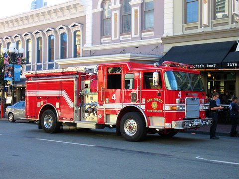 San Diego/California/USA - August 20th 2017 / Fire Brigade Truck In Downtown San Diego