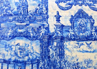 Fototapeta na wymiar Capela das Almas exterior in Porto, Portugal, typical blue and white ceramic tiles, azulejos in portuguese