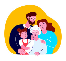 Big Family Together Hug Each other.Woman, Man, Mother, Father, Husband, Wife, Grandchild Daughter Girl Support and Hugging Old Sad Scared Worried Pensioner Granny Grandmother.Flat Vector Illustration