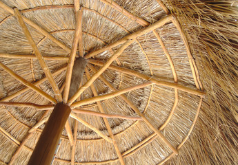 Wood umbrella in beach, natural material concept