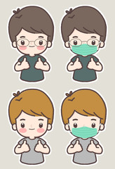 Stop COVID-19. Boy  cute cartoon  wearing protective mask.