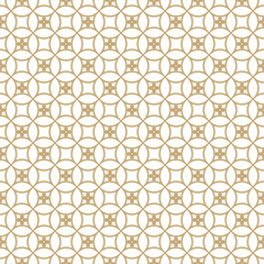 Vector golden ornamental seamless pattern. Subtle geometric texture with rounded mesh, lattice, grid, floral shapes, repeat tiles. Elegant Arabian style ornament. White and gold luxury background