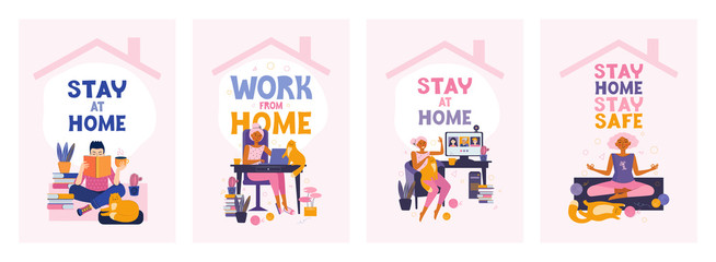 People in quarantine stay at home and spend time doing their favorite things and Hobbies. Read book, does sports and yoga, work from home online, communicates with friends and family via video call.