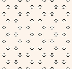 Vector minimalist seamless pattern with small geometric flowers, snowflakes, star shapes. Simple abstract black and white background. Modern minimal monochrome texture. Repeat design for print, decor