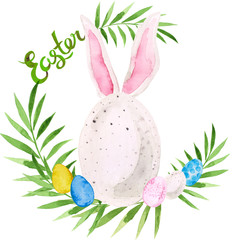 Watercolor wreath branch illustration for Easter holiday. Hand painted leaves, bunny and colorful eggs