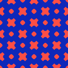 Colorful vector geometric seamless pattern with circles and crosses. Funky style dotted texture. Trendy bright colors, red and electric blue. Retro 80-90's fashion background. Repeat decorative design