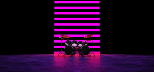 Drum set against the wall of their horizontal pink luminous stripes. 3D render.