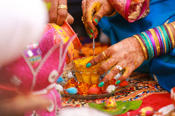 Indian Traditional Wedding: Turmeric powder in bowl for haldi ceremony