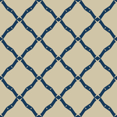 Naklejka premium Golden grid texture. Vector abstract geometric seamless pattern with square mesh, net, lattice, diagonal lines. Elegant gold and blue background. Simple graphic ornament. Luxury repeatable design