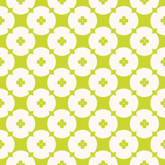 Fototapeta na wymiar Simple minimalist floral texture. Vector geometric seamless pattern with small flowers, circles, crosses, rounded grid. Bright green and beige color. Abstract minimal background. Repeatable design