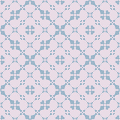 Elegant abstract floral seamless pattern. Subtle geometric ornament in soft pastel colors, light lilac and blue. Simple background with flower silhouettes, curved shapes, grid. Cute repeatable design