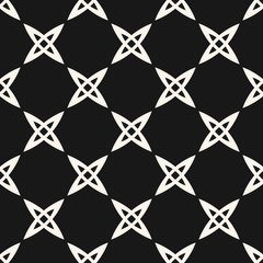 Vector geometric seamless pattern with small crosses, abstract flowers, grid. Simple black and white texture. Modern minimal monochrome background. Dark repeat design for decoration, fabric, cloth