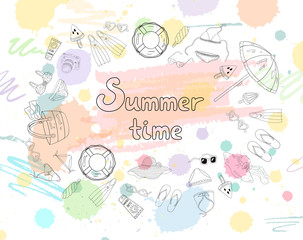 Summer beach hand drawn line art objects. Color summer icons pack. Holidays summer sea collection. Closeup.