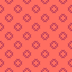 Vector floral minimalist seamless pattern. Simple abstract background with geometric flowers, petals, crosses. Minimal ornament texture in burgundy and coral color. Elegant repeat decorative design