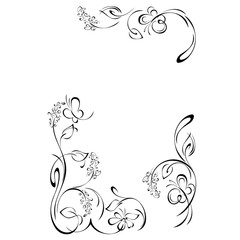 frame 32. decorative frame with stylized flowers on stems with leaves, butterflies and vignettes in black lines on a white background