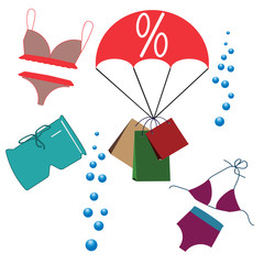 Swimsuit sale web banner template. Advertising store for summer sale. A set of swimwear for relaxing on the beach.