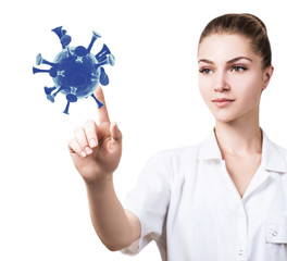 Female doctor point by finger viral cell coronavirus.