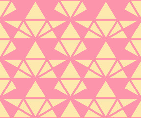 Triangles geometric seamless pattern. Vector texture in yellow and pink color. Elegant minimal graphic background with triangles, diamonds, net, grid. Simple abstract ornament. Cute repeat design