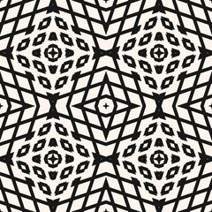 Vector geometric seamless pattern. Abstract black and white ornament with simple geometrical shapes, lines, diamonds, stars, rhombuses, grid, net, grill. Stylish geo background. Modern repeat design