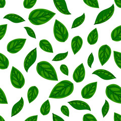 Flat natural food seamless pattern. Fresh green leaf isolated on white background texture for print, paper, kitchen design, fabric, cafe decor, wrap, backgrounds, menu, ads. Vector illustration