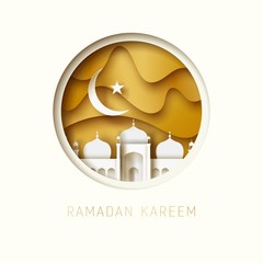 Ramadan Kareem 3d abstract paper cut illustration. Round window with islamic mosque. moon and gold sky.