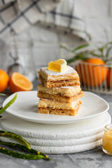 Lemon bars on a shortcrust pastry. A simple dessert for the summer