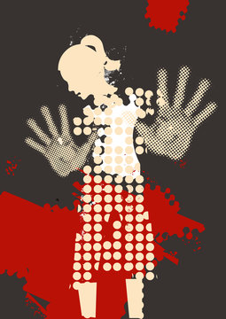 
Desperate Young woman, fear of violence.
 Grunge stylized woman silhuette with arms in defensive position.Illustration on grunge background. Vector available.