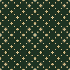 Vector seamless pattern with stars, flower shapes, small squares. Simple minimalist golden ornament. Abstract dark green and gold texture. Luxury minimal background. Elegant repeated decorative design
