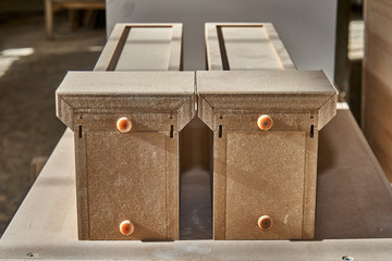 MDF table legs. Joinery. Wooden furniture manufacturing process. Furniture manufacture. Close-up