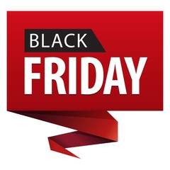 Black Friday text on red square ribbon banner icon isolated on white background.