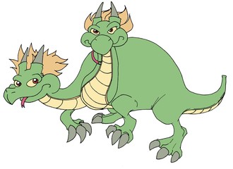 A cute and silly dragon character with two heads (illustration)