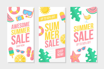 Summer Sale promotional flyers set. Summertime commercial labels for retail, seasonal shopping, sale promotion and advertising. Vector illustration.