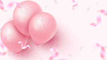Festive banner design with pink balloons, falling foil confetti and empty space for your creativity on rosy background