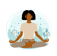 Young african american woman meditating sitting in lotus on the natural background. Concept illustration for yoga, meditation, relax and healthy lifestyle. Vector illustration in flat cartoon style.