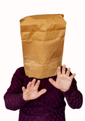 Man with a package on his head on a white isolated background. The man looking by feel road